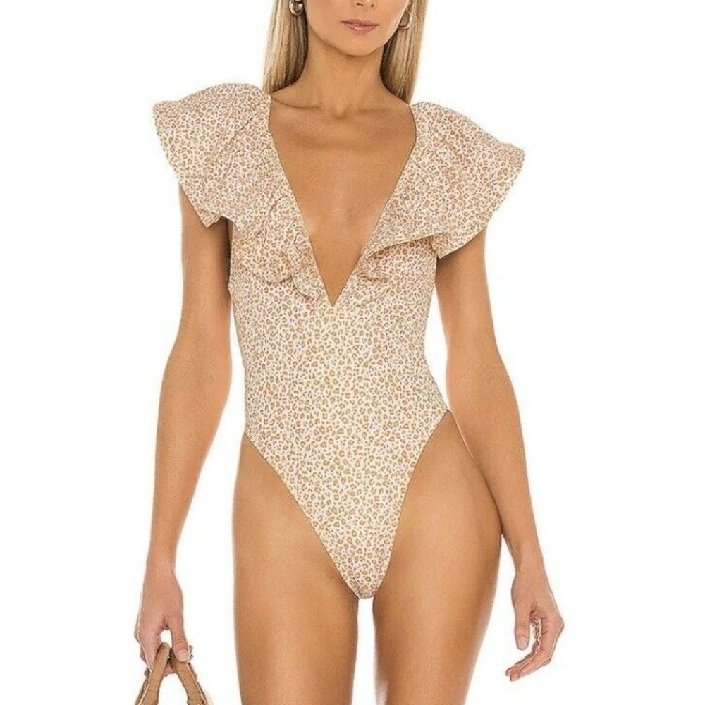Tularosa Beige Floral Ruffle One-Piece Swimsuit